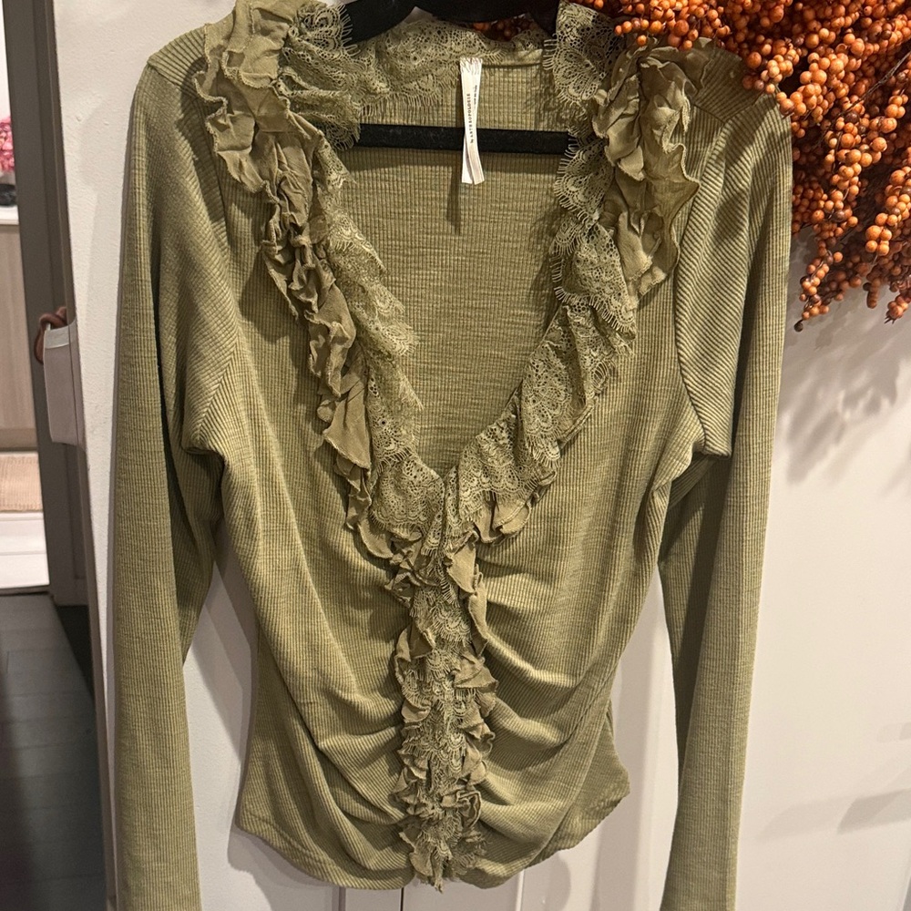 Anthropologie Olive Lace Ruffle Blouse